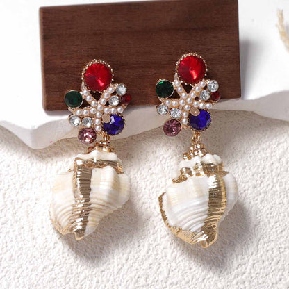 Exquisite High-End Zirconia Inlaid Faux Pearl Flower Conch Shell Pendant Earrings – Perfect for Ocean-Inspired Leisure and Vacation Style