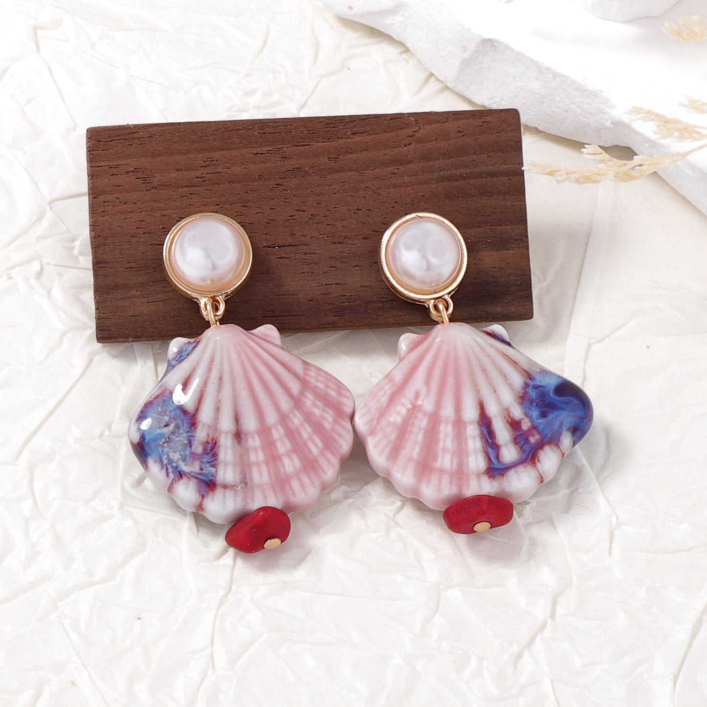 Ocean-Inspired Colorful Ceramic Shell Earrings with Faux Pearls - Trendy, Versatile, and Casual Jewelry for Women