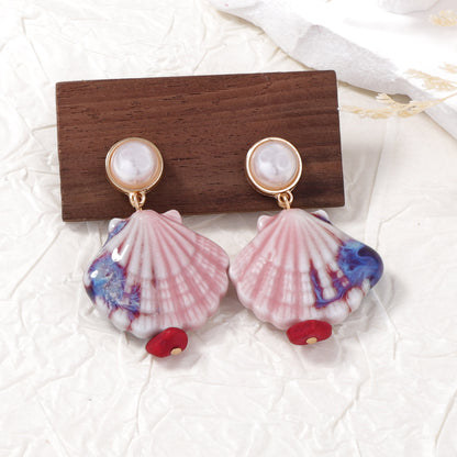 Ocean-Inspired Colorful Ceramic Shell Earrings with Faux Pearls - Trendy, Versatile, and Casual Jewelry for Women