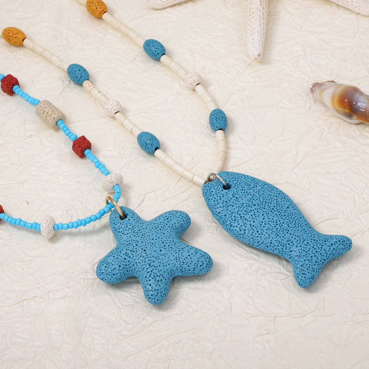 Stylish Summer Beach-Inspired 3D Volcanic Stone Starfish and Fish Beaded Necklace for Women – Perfect Accessory for Vacations