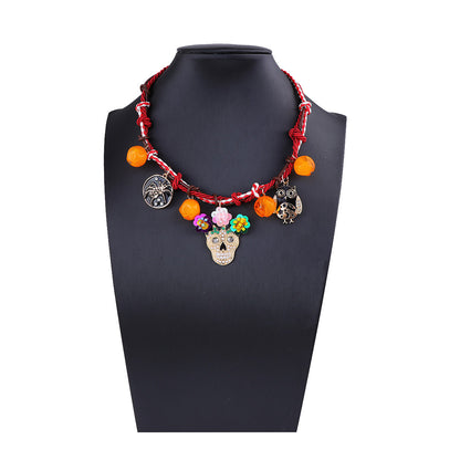 Chic Halloween Necklace - Braided Alloy Oil Drop Spider, Owl, and Skull Pendant with Delicate Pearl Accents for Women - Perfect Accessory for Spooky Season