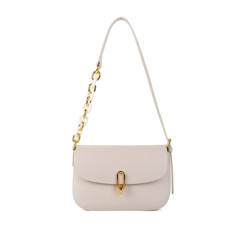 Genuine Leather Saddle Bag Chic and Minimalist Design with Unique Lock Closure Women's Chain Shoulder and Crossbody Bag