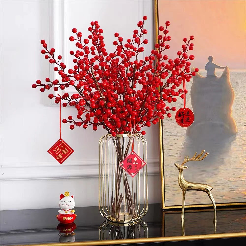 Vibrant Red Berry Faux Wintergreen Plant - Perfect New Year’s Home Decor for Living Room - Festive and Lively Faux-Fruit Accent for Your Seasonal Decor