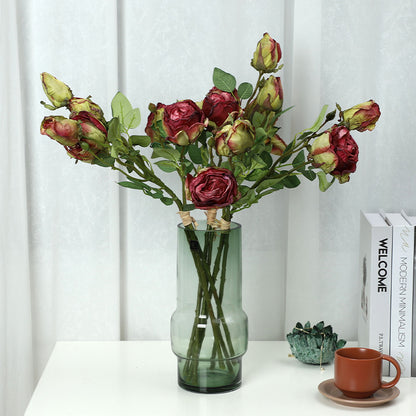 Realistic 3-Head Bundled Edged Rose Flowers - Elegant Faux Floral Decoration for Home and Living Room Centerpieces