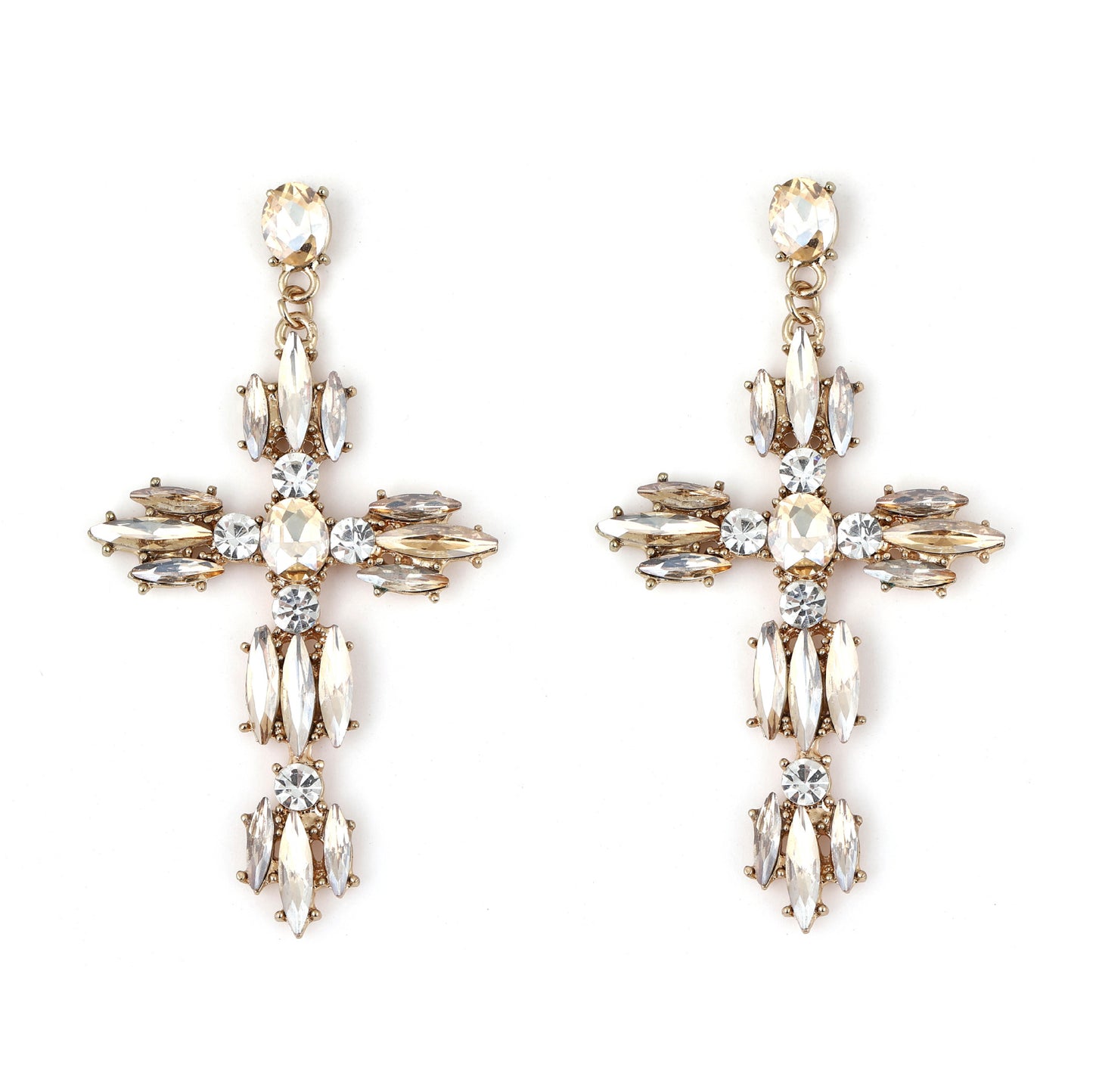 Trendy Creative Statement Geometric Cross Alloy Earrings with Sparkling Gemstones – Versatile Fashion Accessory for Any Occasion