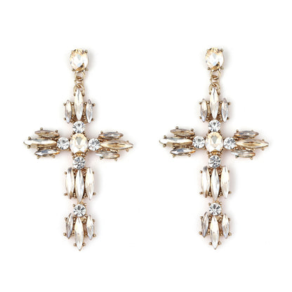 Trendy Creative Statement Geometric Cross Alloy Earrings with Sparkling Gemstones – Versatile Fashion Accessory for Any Occasion