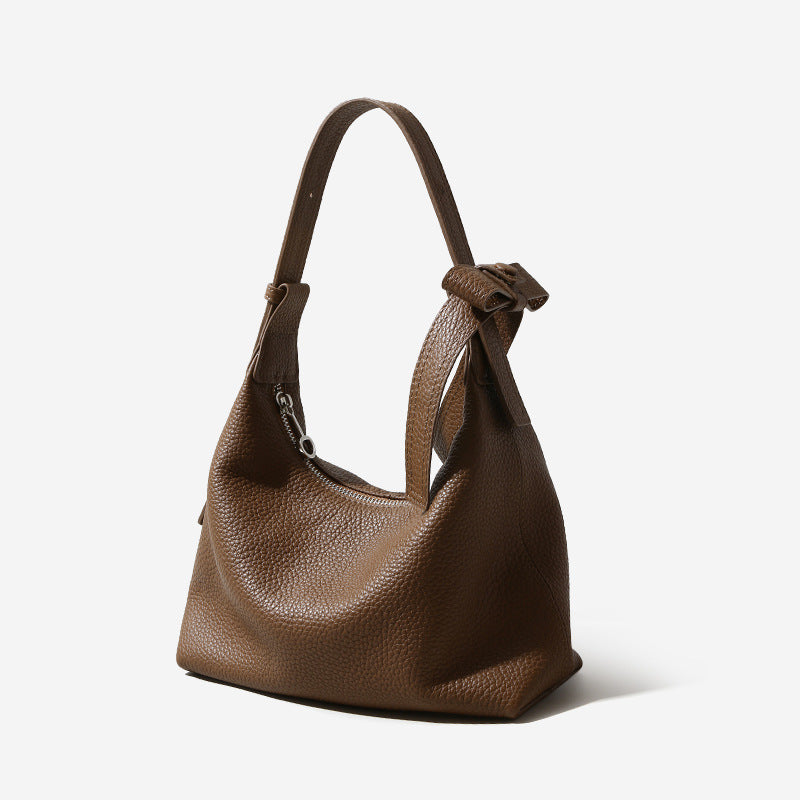 Genuine Leather Litchi Textured Lunch Box Handbag with Chic Bow Design Versatile Shoulder Tote for Commuting Everyday Use