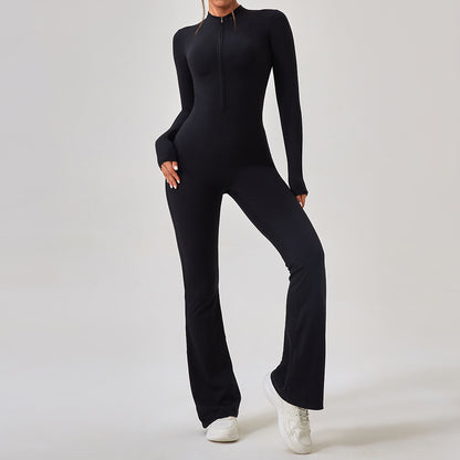 Zipper Long Sleeve Jumpsuit with Flared Pants Slim Fit Women's Butt Lifting Yoga and Workout Outfit for Enhanced Performance