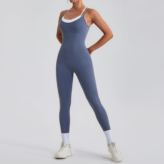 Two Piece Look Color Block Spaghetti Strap Sports Jumpsuit Yoga Bodysuit with Open Back for Outdoor Fitness and Active Wear