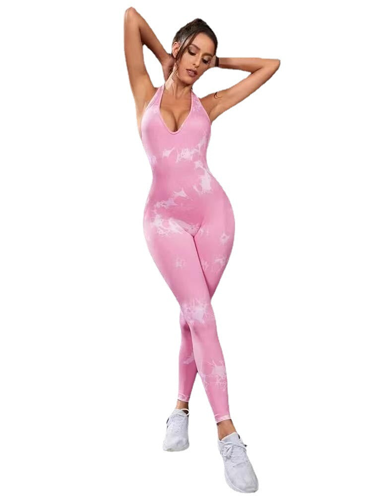 Women's Tie Dye Yoga jumpsuit One Piece Halter Neck Design Peach Butt Lift Bodysuit for Fitness and Workout Enthusiasts