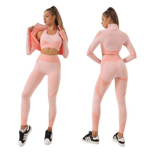 Seamless Zip Stripe Women's Fitness Apparel Set Long Sleeve Bra High Waisted Leggings and Yoga Top for Autumn Winter Workouts