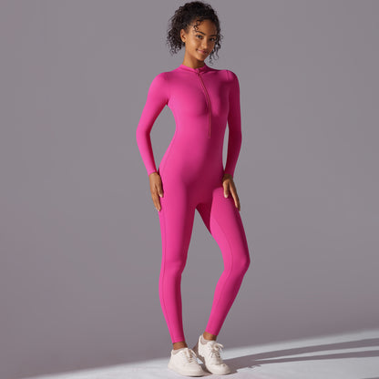 Open Collar Long Sleeve Zippered Bodysuit for Dance and Fitness Tight Fitting Women's Yoga Outfit for Comfort and Performance