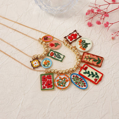 Unique Geometric Alloy Pendant Necklace with Colorful Print - Stylish Multi-Layered Casual Accessory for Every Occasion