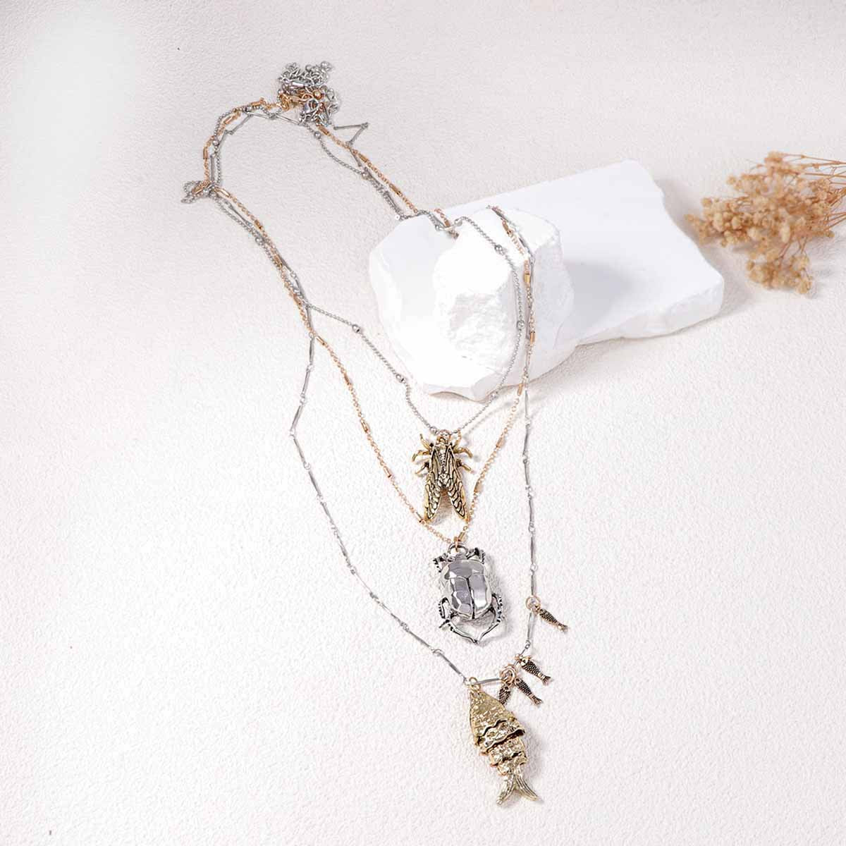 Unique Animal-Inspired Insect Alloy Beetle Cicada Fish Pendant Necklace – Multi-Layered Design Perfect for Any Occasion