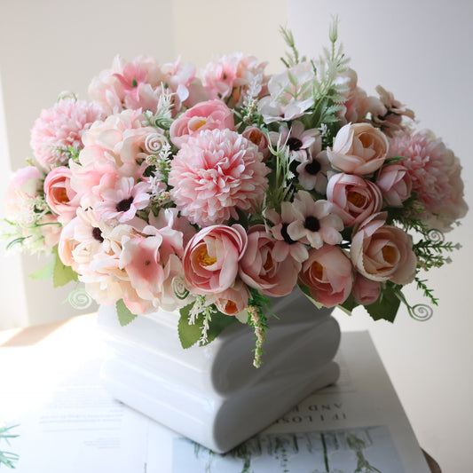 Vibrant Artificial Rose Bouquet with 7 Branches - Perfect for Weddings, Home Decor, and Photography Featuring Colorful Hydrangeas and Peony Blooms