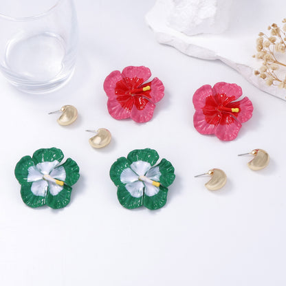 Bohemian Chic Fresh Countryside Style Minimalist Alloy Drop Oil Color Flower and Ring Earrings Set – Perfect for Everyday Wear and Special Occasions