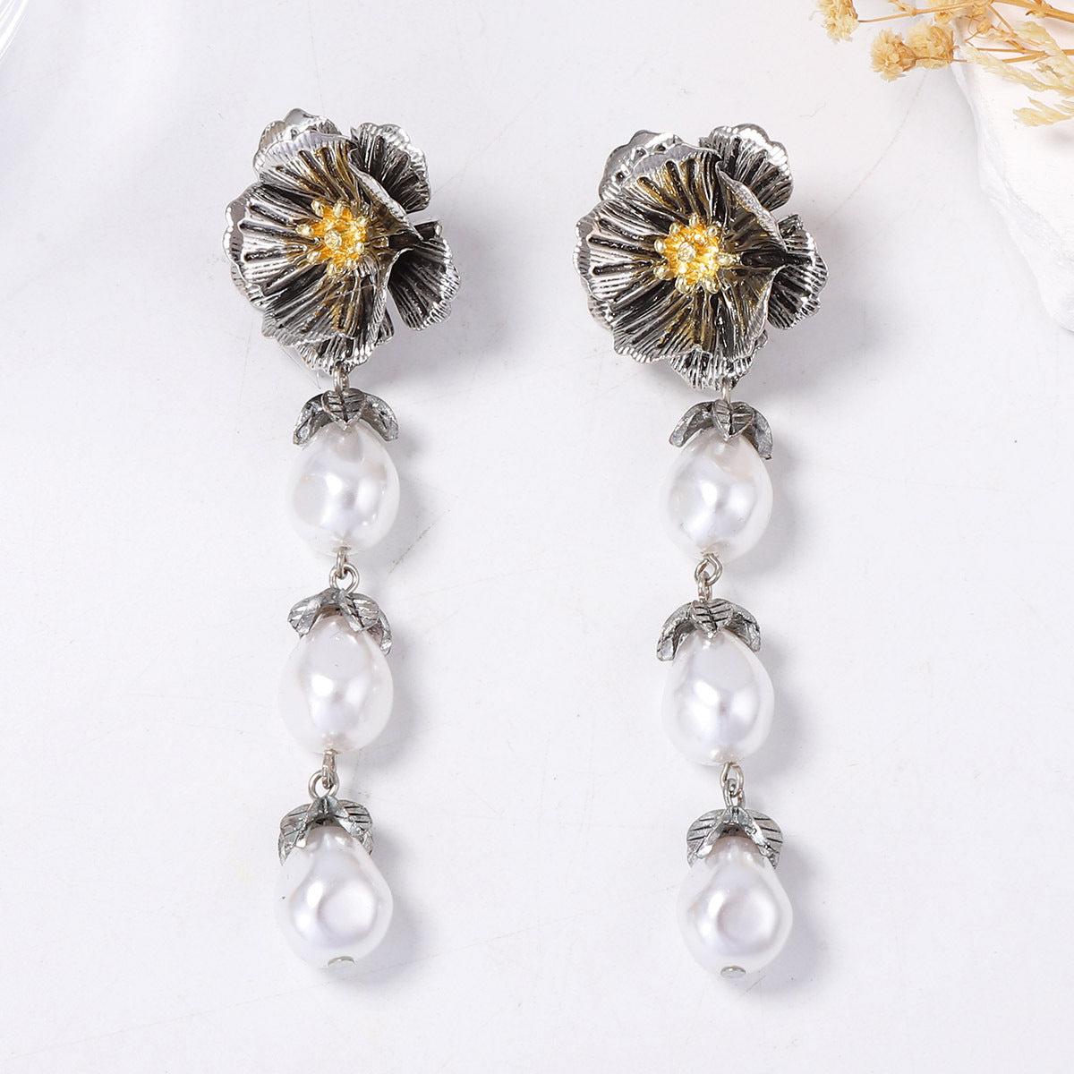 Elegant Bohemian Vintage-Inspired Metal Flower Drop Earrings with Faux Pearls and Chic Tassels for Women