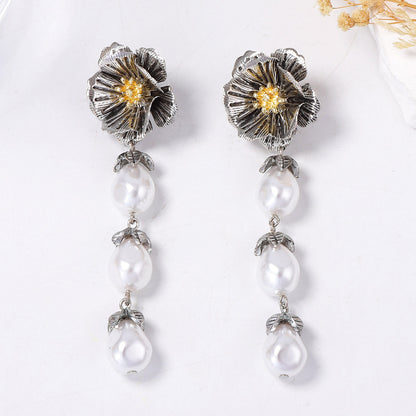 Elegant Bohemian Vintage-Inspired Metal Flower Drop Earrings with Faux Pearls and Chic Tassels for Women