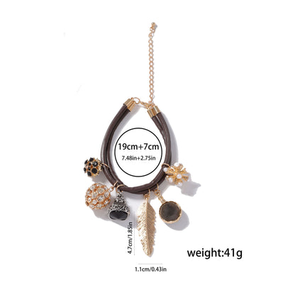 Elegant Double-Layer Alloy Pendant with Zirconia Stone in Geometric Sphere and Leaf Design – Stylish Casual Bracelet for Women