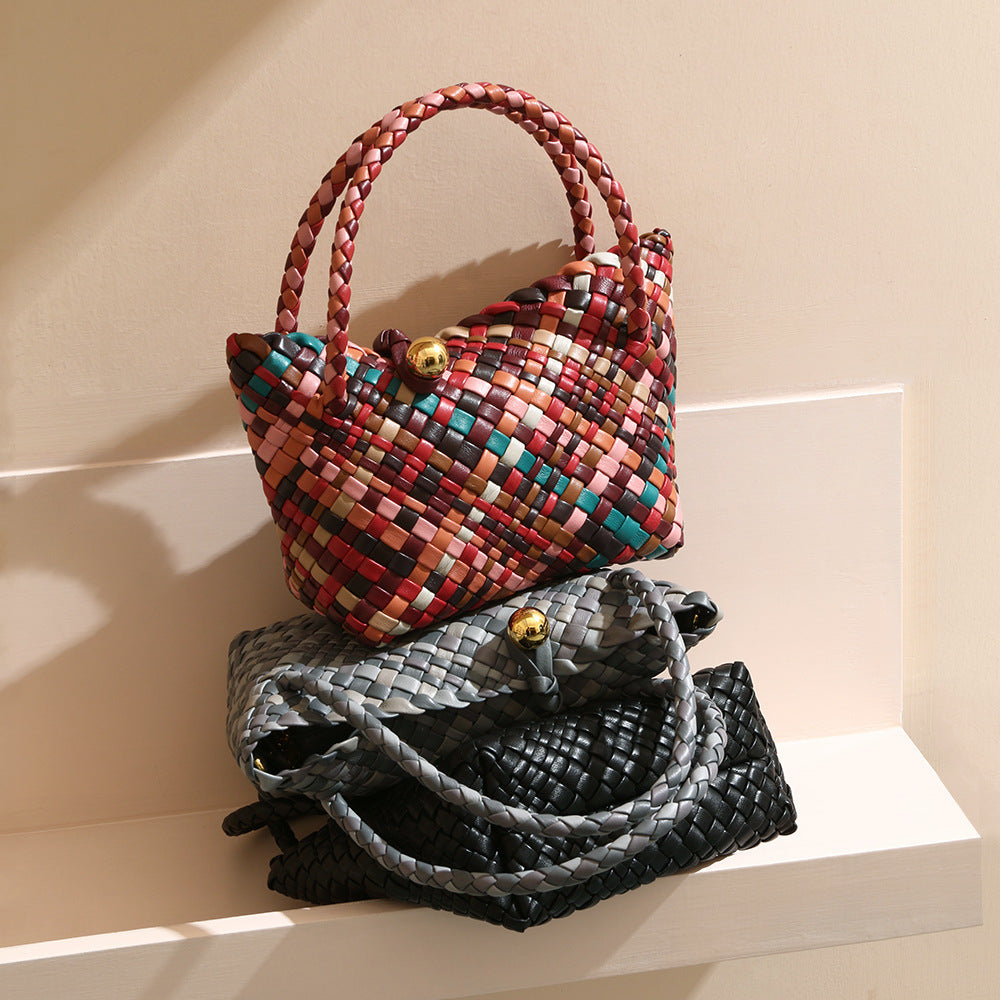 Luxurious Soft Lambskin Woven Rainbow Tote Bag Spacious High End Leather Commuter Purse with Nested Pouch for Modern Women