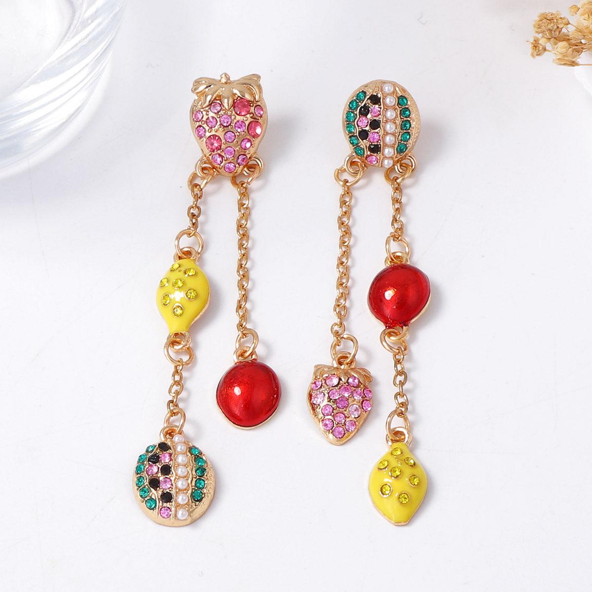 Exaggerated Cute Fruit Series Earrings with Dazzling Rhinestones – Playful Watermelon & Lemon Tassel Design for Women