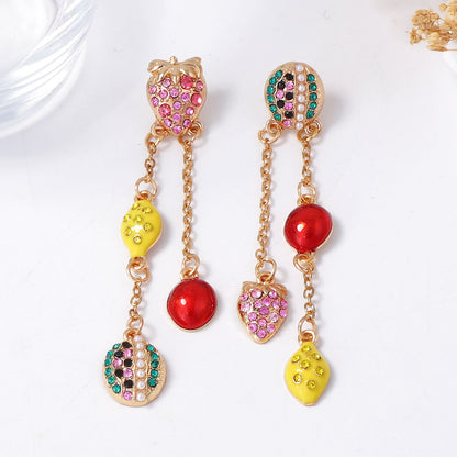 Exaggerated Cute Fruit Series Earrings with Dazzling Rhinestones – Playful Watermelon & Lemon Tassel Design for Women