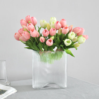 5-Head Short Stem Tulip Bouquet - Realistic Faux Flowers for Home Decor, Perfect Photo Props, and Soft Rubber Tulip Arrangement for Lasting Beauty