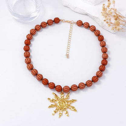 Stylish Minimalist Alloy Sunflower Pendant Necklace with Beads - Perfect Everyday Jewelry for Work and Casual Outfits