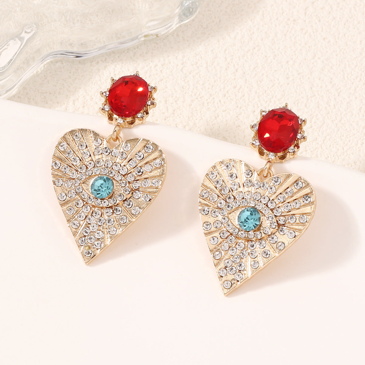 Stylish Heart-Shaped Eye Earrings with Sparkling Gemstones - Versatile, Chic, and Luxurious Casual Drop Earrings for Women