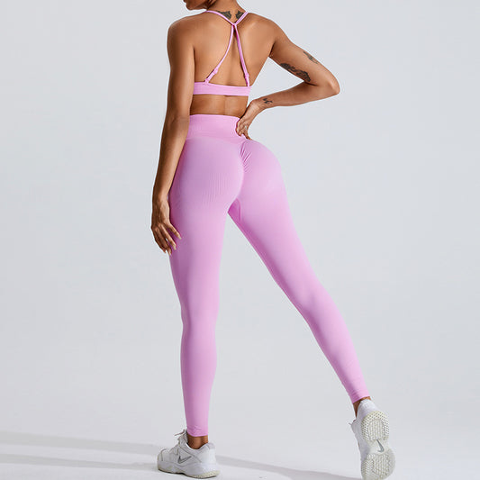 Seamless Women's Yoga Outfit Set with Cross Back Design Peach Butt Lifting Sportswear for Outdoor Fitness and Gym Workouts