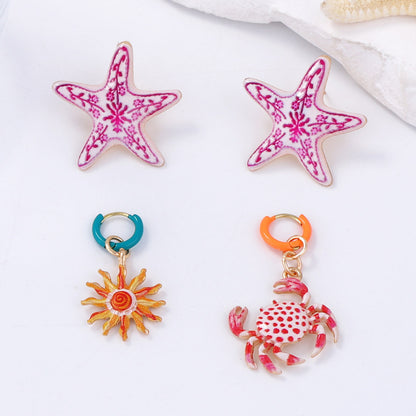 Chic and Artistic Drip Oil Design Alloy Starfish Crab Four-Piece Earring Set – Elegant and Versatile Accessories for Women