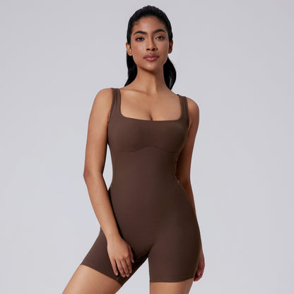 Slim Fit Quick Dry Yoga Bodysuit with Back Design Women's Sculpting Activewear Figure Flattering High Waisted Ribbed Shorts for Comfort and Performance