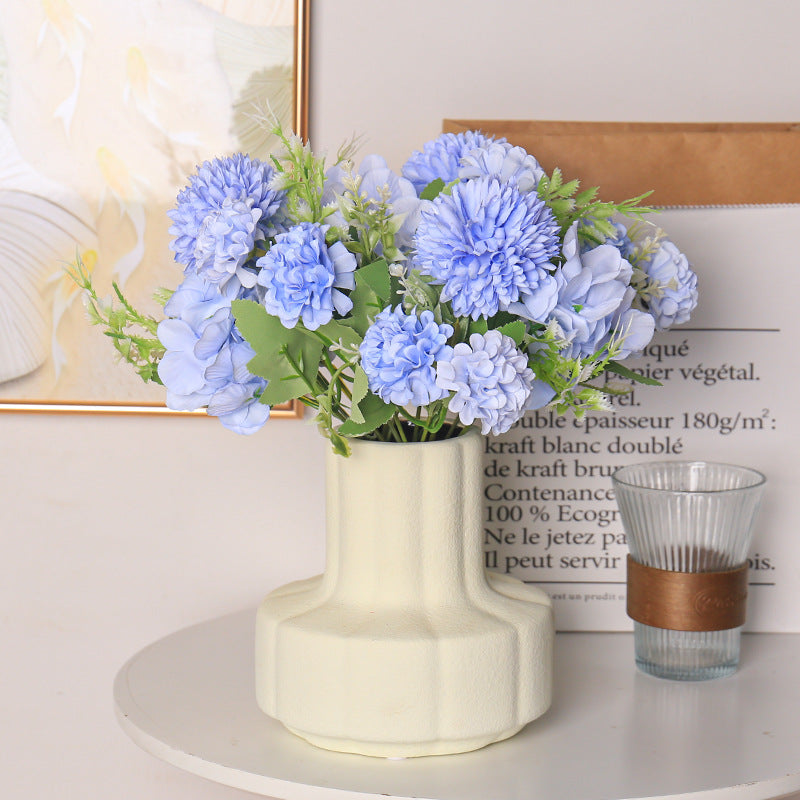 Elegant European-Inspired Faux Hydrangea Bouquet - Mixed Mini Mum Flower Arrangement with Five Stems for Stunning Home Decor or Special Occasions