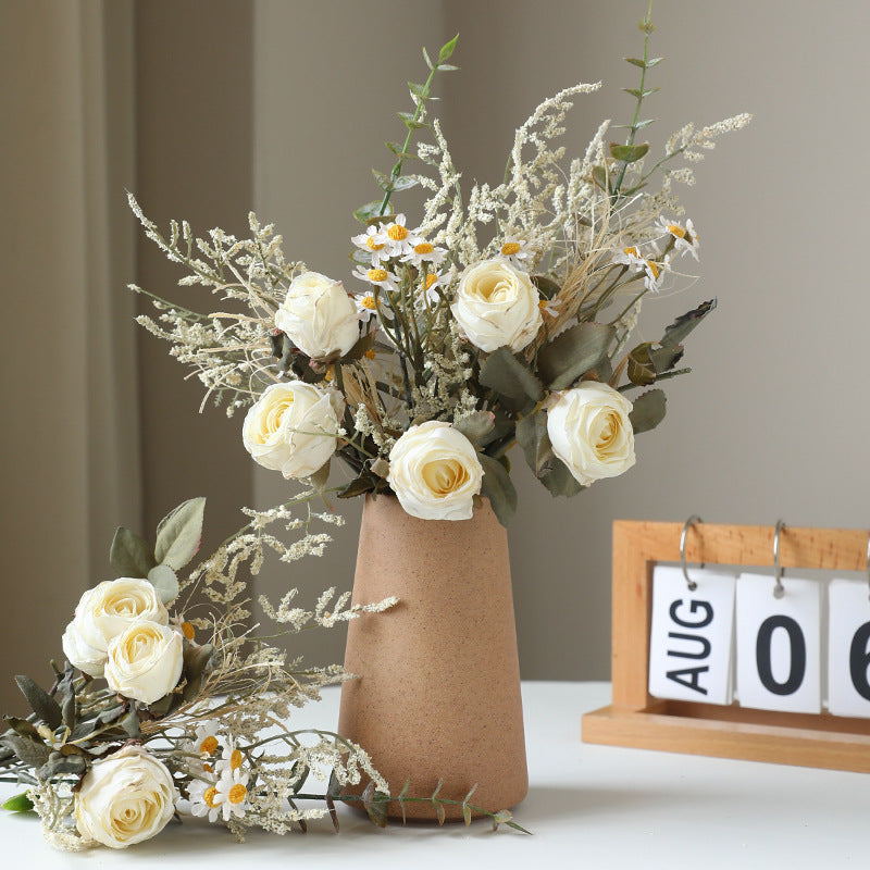 Lifelike Artificial Dried Rose and Daisy Bouquet - Perfect for Home Decor, Dining Table Centerpieces, Outdoor Weddings, and Photography Props