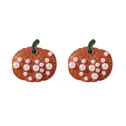 Creative Halloween Pumpkin Earrings with Faux Pearl and Zirconia Accent - Stylish and Versatile Alloy Design for Effortless Fashion