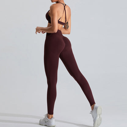 Seamless Women's Yoga Outfit Set with Cross Back Design Peach Butt Lifting Sportswear for Outdoor Fitness and Gym Workouts