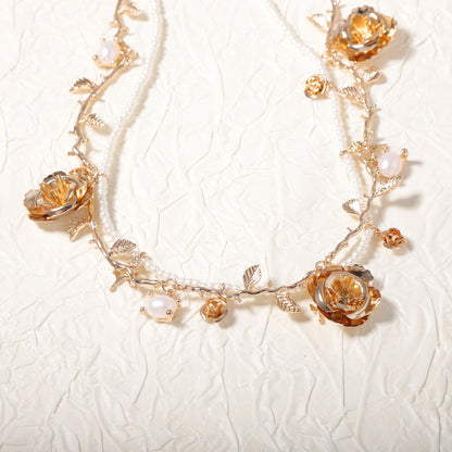 Chic Vintage-Inspired Layered Pearl Rose Flower Necklace - Elegant Multi-Layered Design for Effortless Style