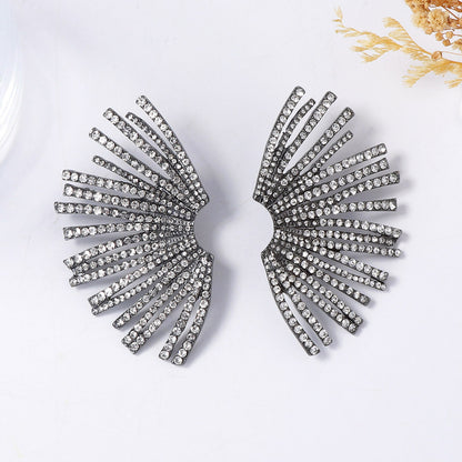 Elegant Geometric Irregular Fan-Shaped Alloy Stud Earrings with Full Rhinestones - A Luxurious Minimalist Accessory for Women