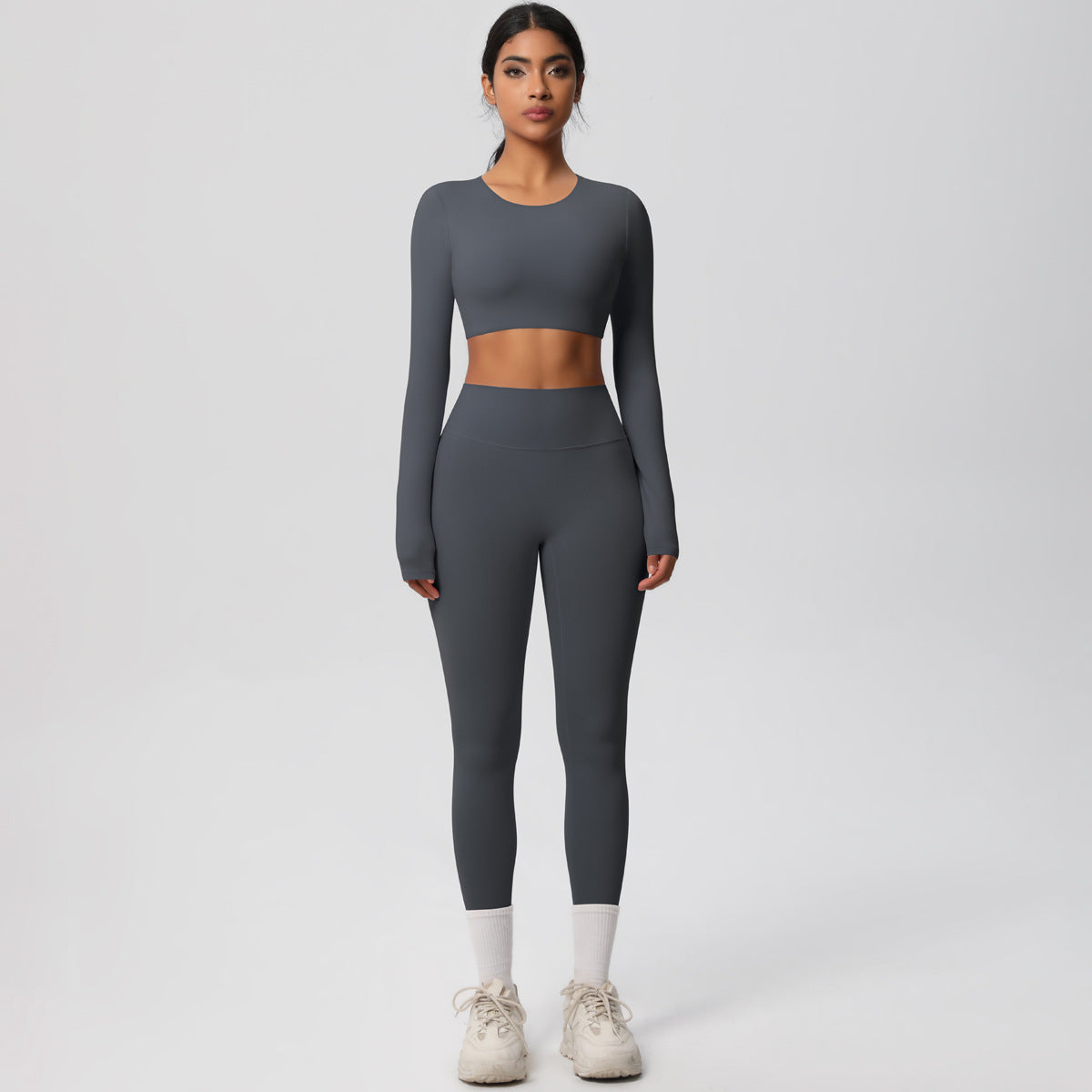 Soft Brushed Compression Workout Set Long Sleeve Top Full Length Leggings for Running Training and Yoga