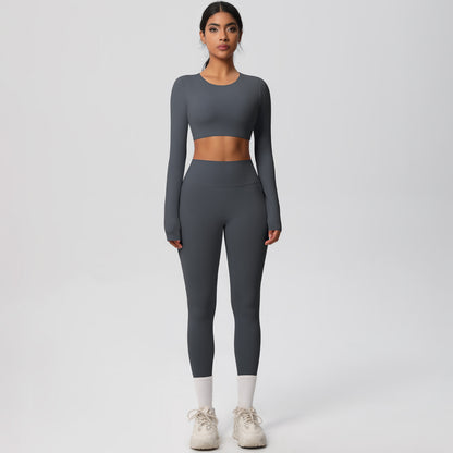 Soft Brushed Compression Workout Set Long Sleeve Top Full Length Leggings for Running Training and Yoga