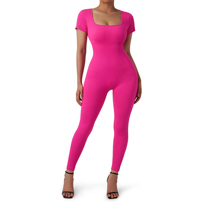 Seamless Ribbed Yoga Jumpsuit for Women Short Sleeve Bodysuit with Built in Chest Pads for Fall and Winter Fitness Comfortable and Activewear