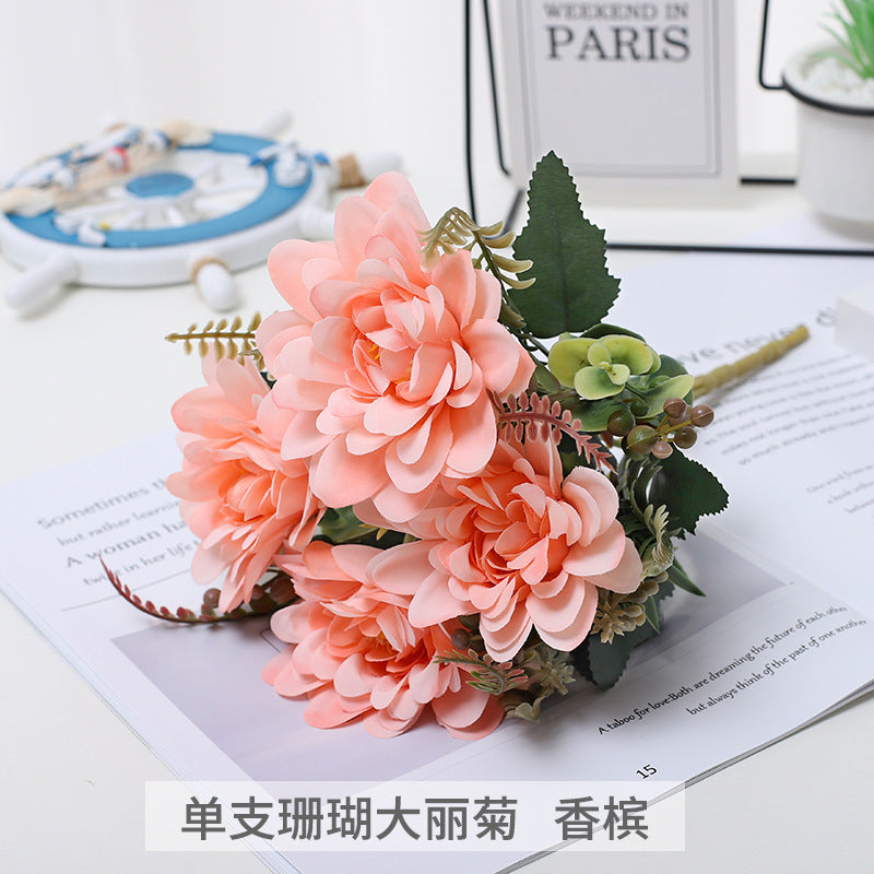 Realistic Coral Dalia Flower Arrangement for Living Room Decor - Perfect for Weddings, Celebrations, and Photography Props