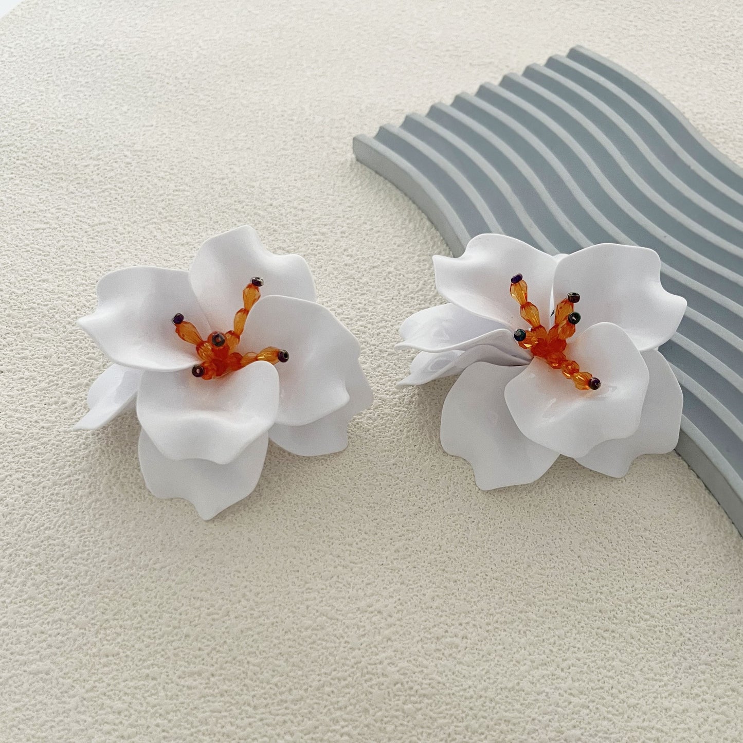 Exquisite Handcrafted White Multi-Layer Petal Statement Flower Earrings - Elegant and Versatile for Any Occasion
