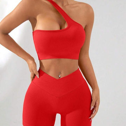 Seamless Cross Waist Peach Buttock Shorts and Ribbed Asymmetrical Sports Bra Yoga Set for Women High Performance Fitness Apparel for Comfort and Style