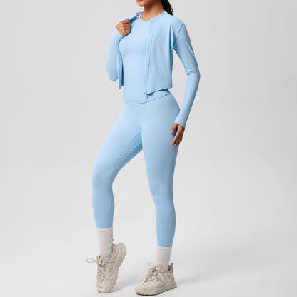 Quick Dry Skin Friendly Long Sleeve Yoga Set Slimming 3 Piece Outdoor Running Outfit with Fitness Pants and Jacket for Maximum Comfort and Performance