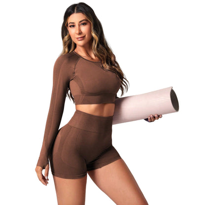 High Waisted Long Sleeve Yoga Set for Women Peach Butt Enhancing Fitness Shorts Deep Back Design for Comfort and Flexibility