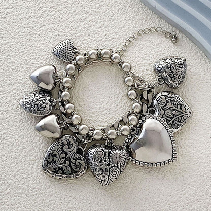Stylish Hip-Hop Punk Layered Heart Pendant Bracelet - Versatile Double Chain Design for Trendy Women