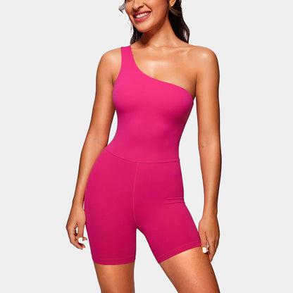 Women's One Piece Yoga Romper with Asymmetrical Shoulder Built In Bra and Comfortable Shorts for Running Fitness and Workout