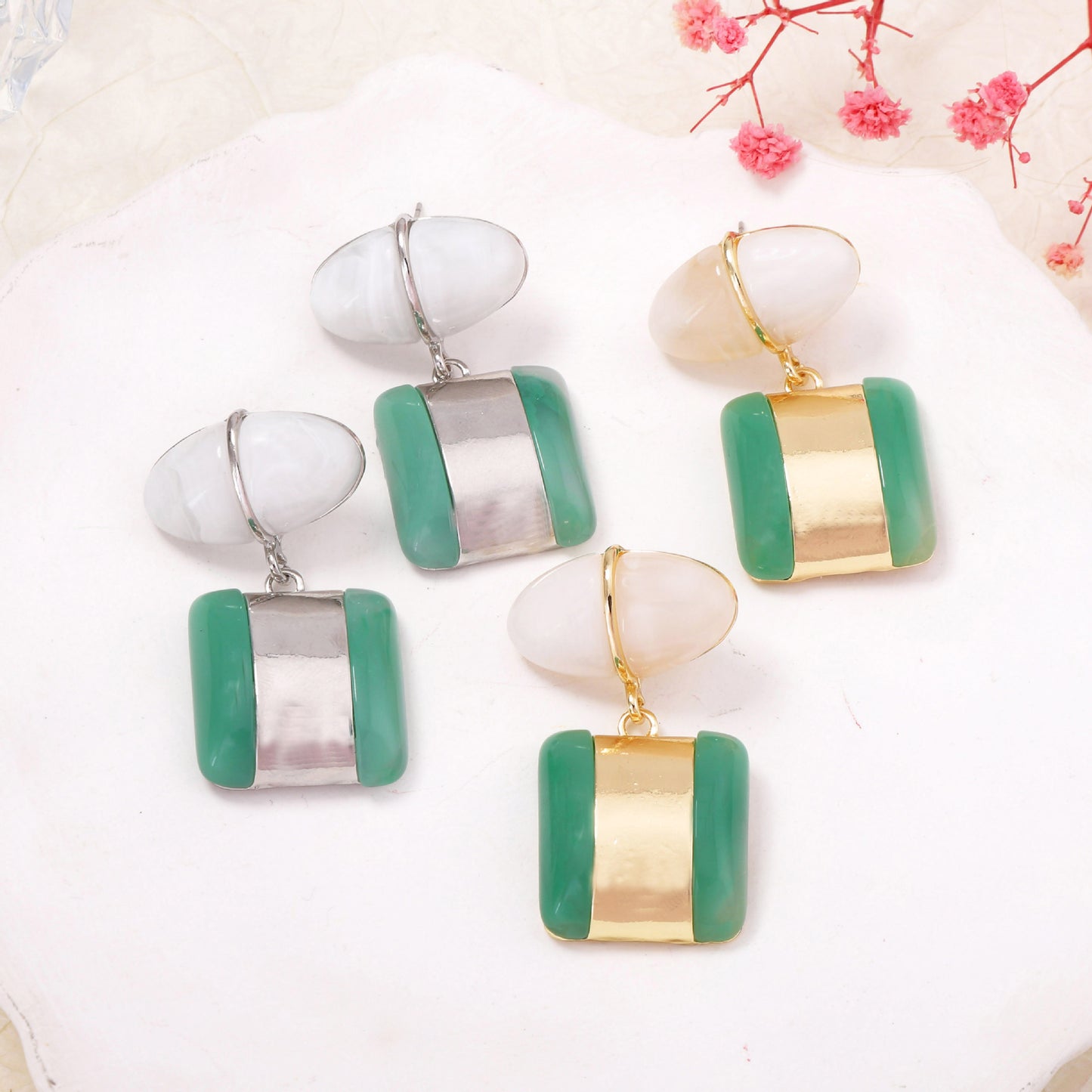 Elegant Geometric Alloy and Resin Gemstone Dual-Layer Drop Earrings for Women - Stylish, Lightweight, and Perfect for Any Occasion
