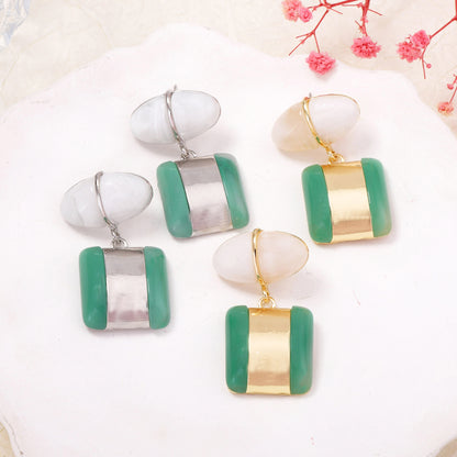 Elegant Geometric Alloy and Resin Gemstone Dual-Layer Drop Earrings for Women - Stylish, Lightweight, and Perfect for Any Occasion